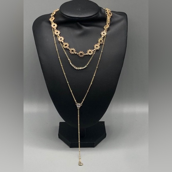 Express Jewelry - Express Necklace Gold Tone Multi Chain Layered Sun Rhinestone Y Shape 28"